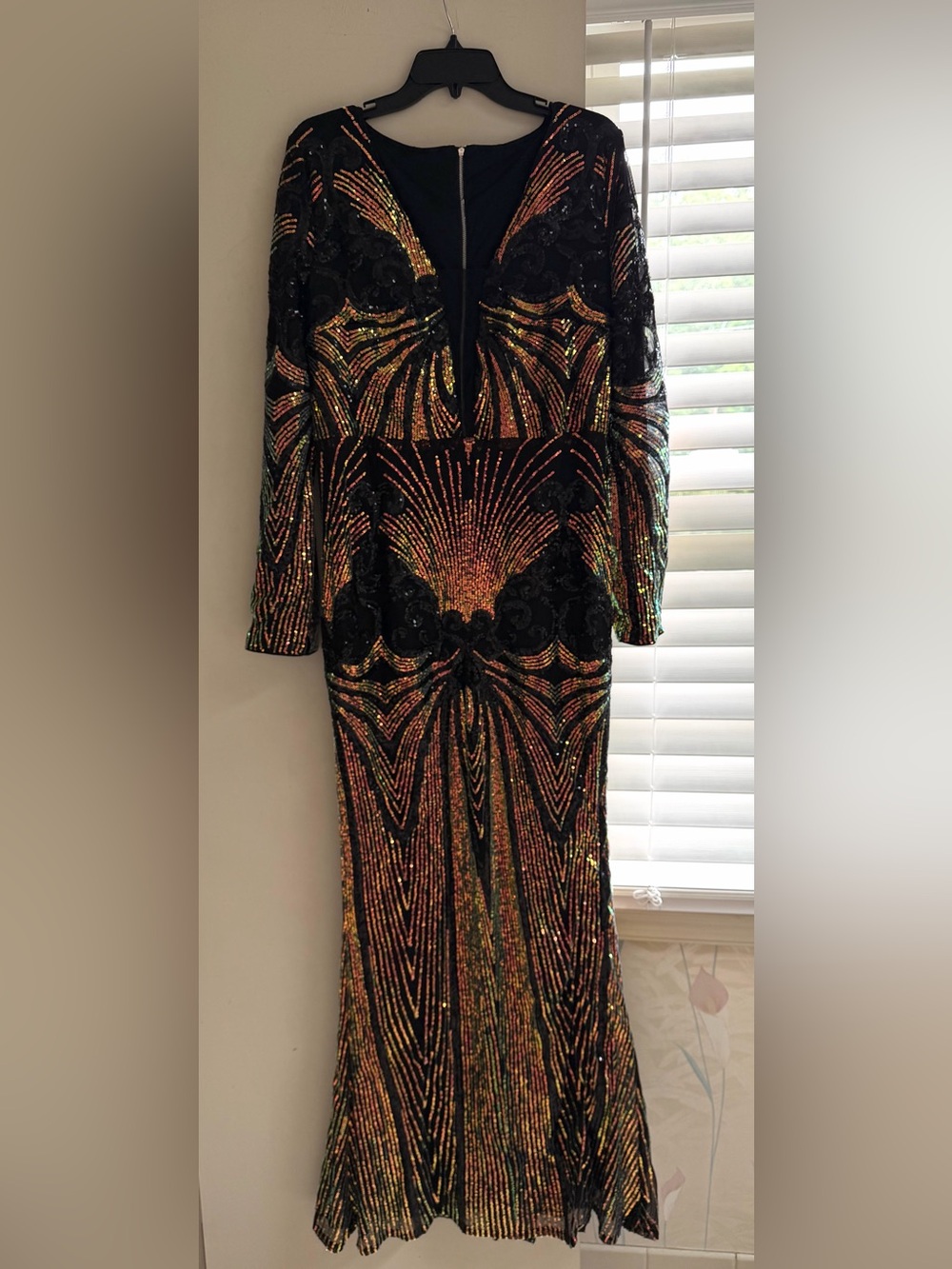 Black Sequin Long Sleeve Evening Dress with Gold & Copper Accents